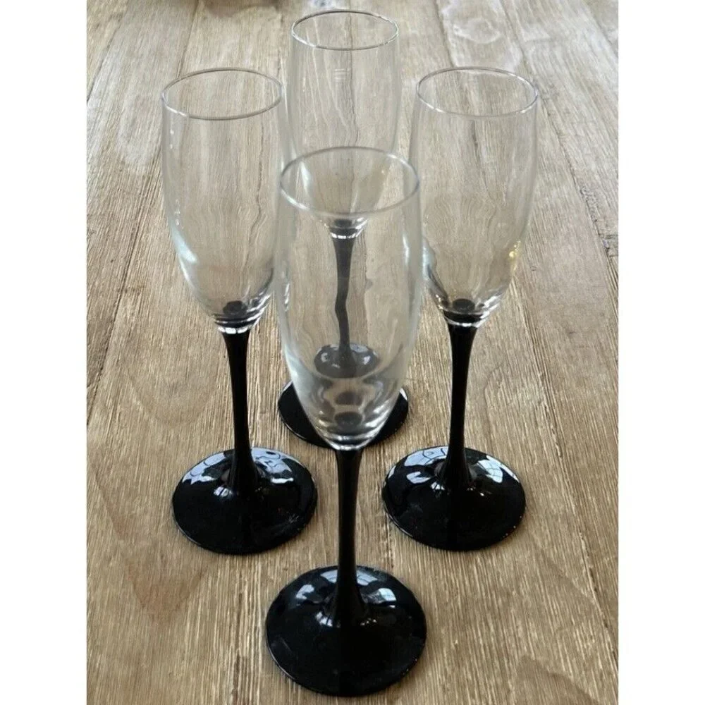 Set 4 Luminarc BLACK STEM CHAMPAGNE FLUTE France Wine Glasses